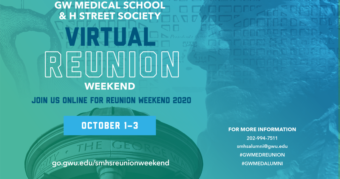 Ad for Virtual GW MD Reunion Weekend Oct. 1-3, go-gwu.edu/smhsreunionweekend