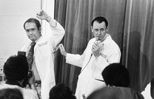 Joseph Giordano, MD, and Benjamin Aaron, MD, during a 1981 press conference