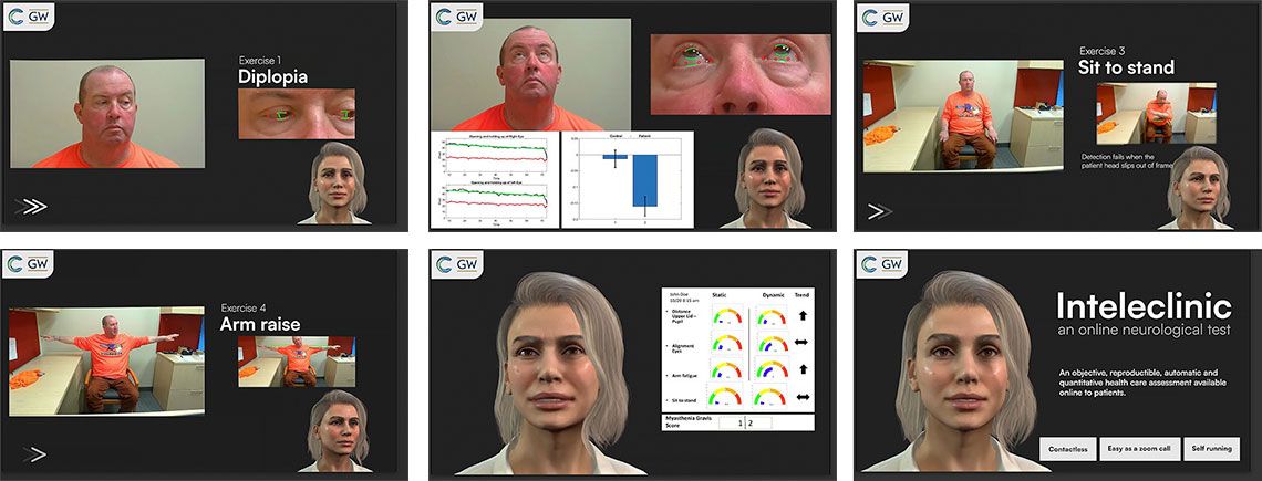 The Inteleclinic app, displaying a series of simple exercises to assess ptosis (eyelid droop), diplopia (double vision), dysarthria (slurred speech) and arm and leg strength, and examines facial muscle strength with tongue-to-cheek and cheek puff exercises.